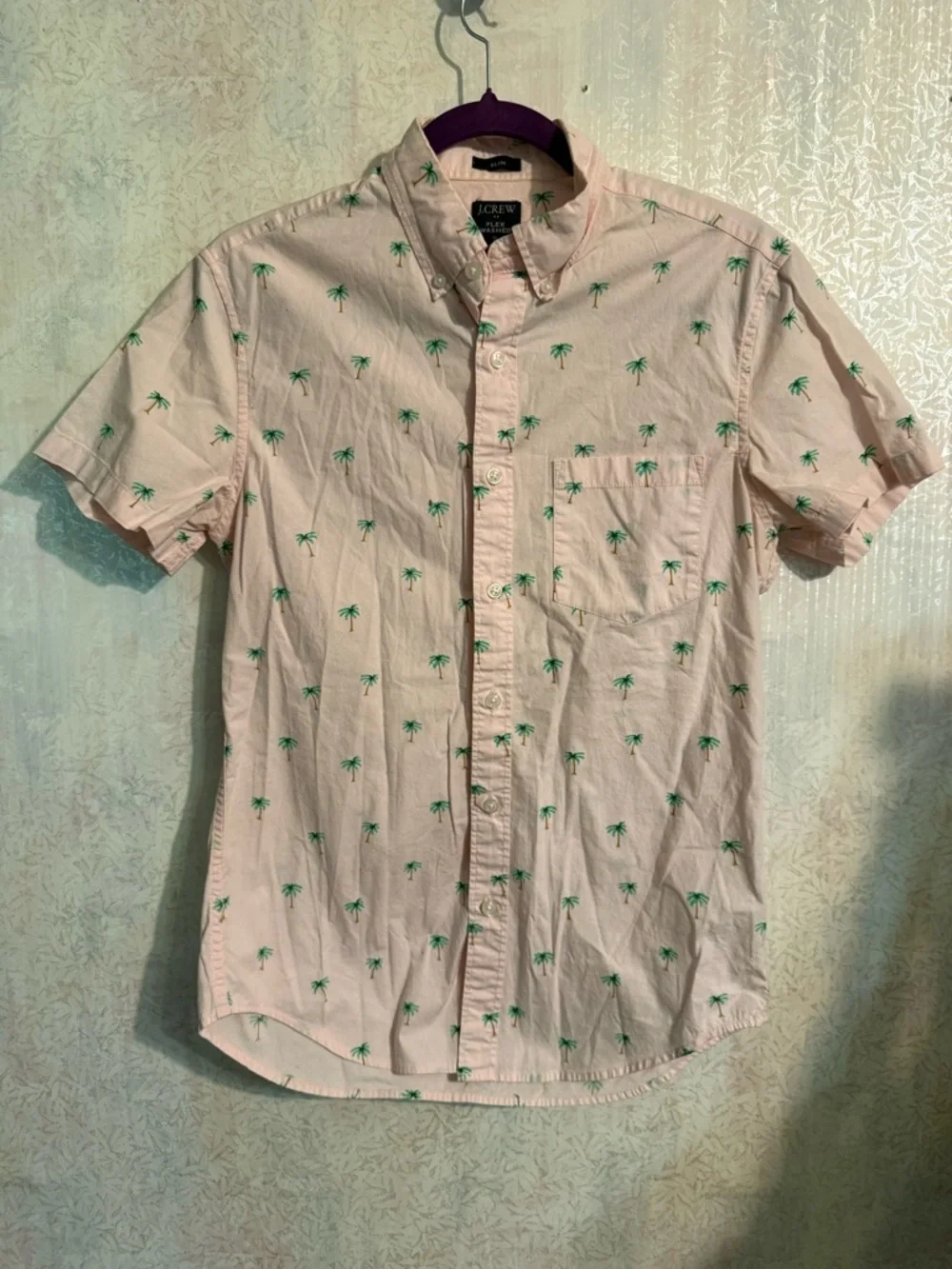 J. Crew Pink Short-Sleeve Button-Down Shirt Green Palm Tree PrintFlex Washed Sm